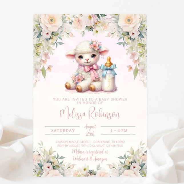 Invitation Fête de naissance de l'agneau floral rose (Créateur téléchargé)