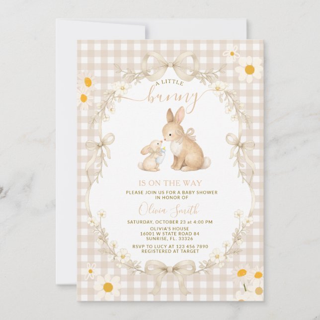 Invitation Fête de naissance de lapin à carreaux neutres Dais (Devant)