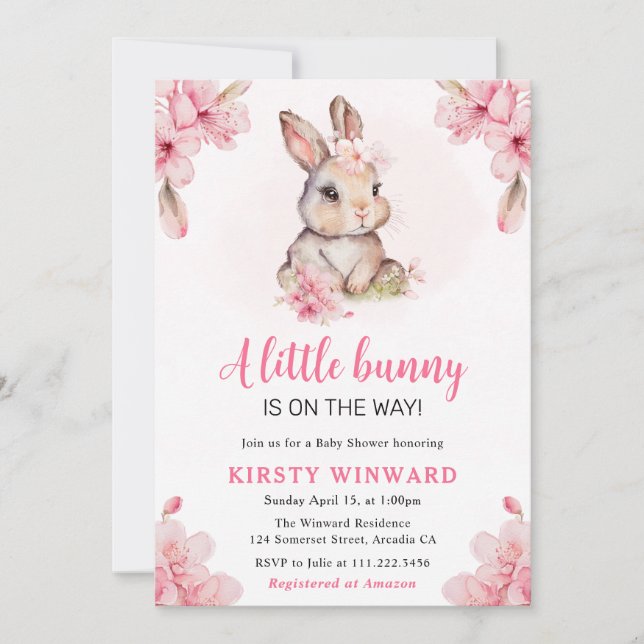 Invitation Fête de naissance de lapin à fleurs de cerisier à  (Devant)