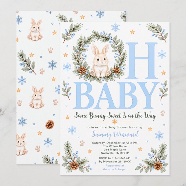 Invitation Fête de naissance de Lapin Bleu Hiver (Devant / Derrière)