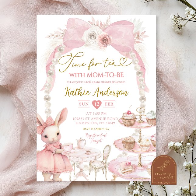 Invitation Fête de naissance de lapin coquette ruban rose per (Créateur téléchargé)