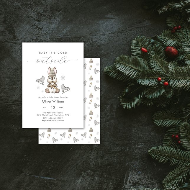 Invitation Fête de Naissance de Lapin de Bois d'Hiver sur Gla (Winter Woodland Bunny Ice Skate Baby Shower Invitation)
