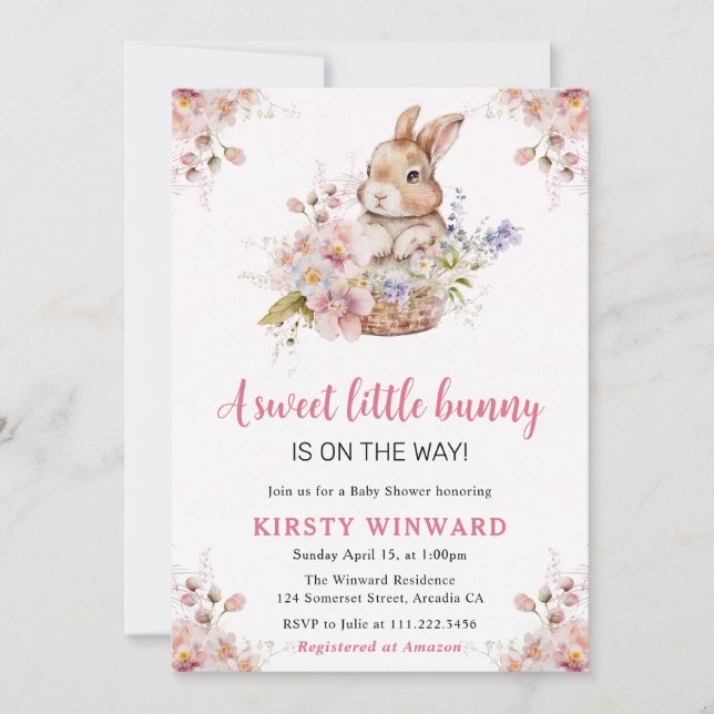 Invitation Fête de naissance de lapin de fleurs de printemps  (Devant)