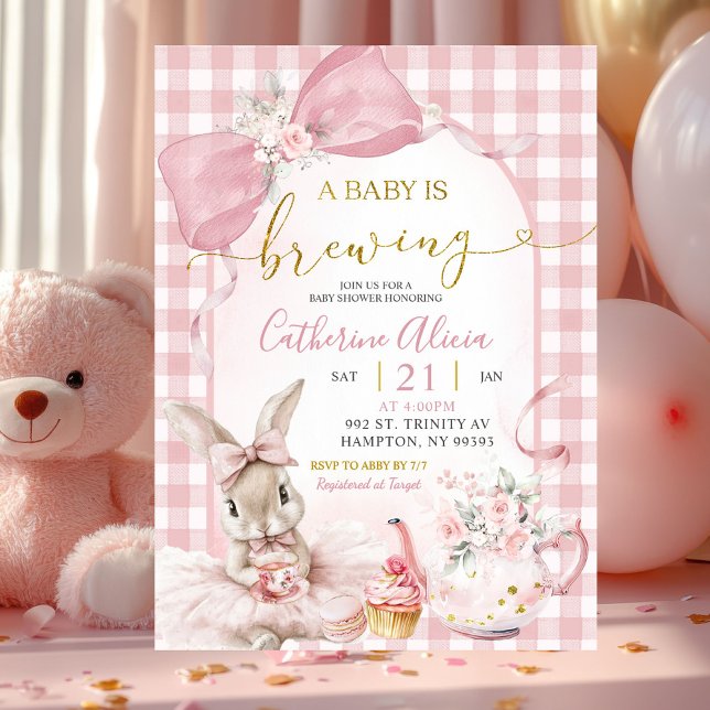 Invitation Fête de naissance de lapin floral rose Gingham Coq (Créateur téléchargé)