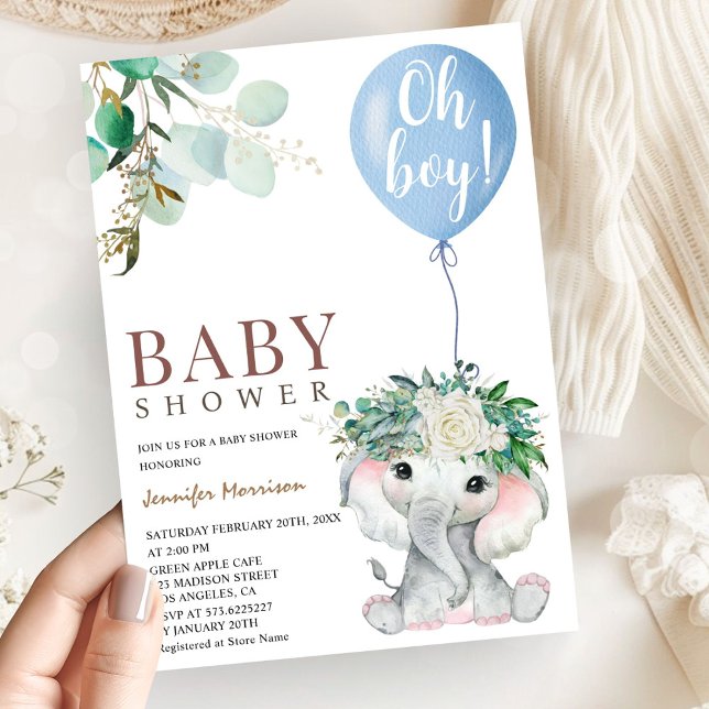 Invitation Fête de naissance de l'éléphant bleu garçon  (Créateur téléchargé)