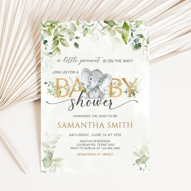 Invitation Fête de naissance de l'éléphant dans la verdure (Little Peanut Baby Shower Invitation)