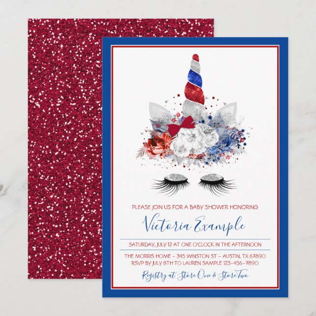 Invitation Fête de naissance de licorne patriotique pour fill (Devant / Derrière)