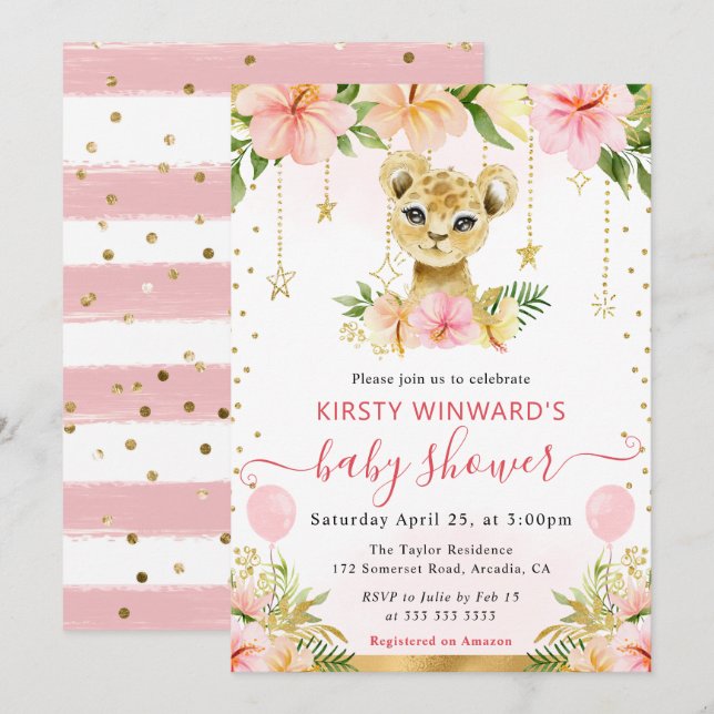 Invitation Fête de naissance de lionceau de jungle florale à  (Devant / Derrière)
