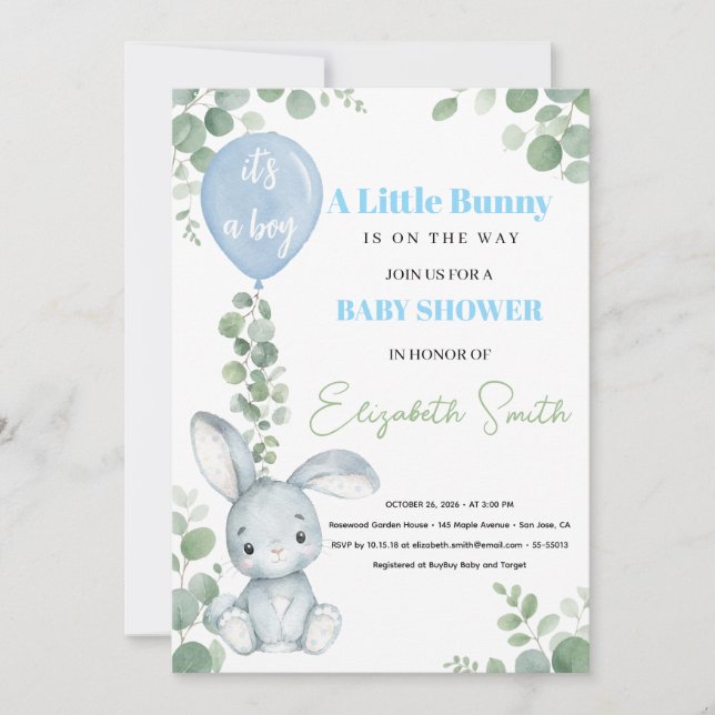 Invitation Fête de naissance de Little Bunny Eucalyptus Baby  (Devant)
