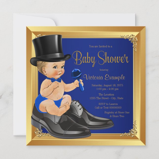 Invitation Fête de naissance de Little Man bleu royal et or (Devant)
