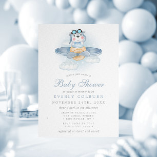 Invitation Fête de naissance de l'ours en avion vintage garço