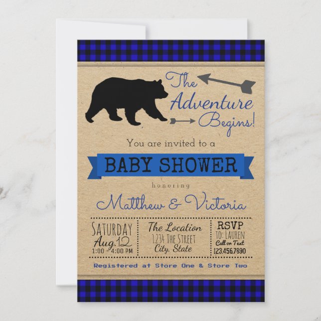 Invitation Fête de naissance de l'ours garçon en carreaux ble (Devant)