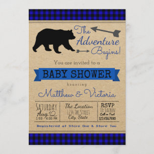 Invitation Fête de naissance de l'ours garçon en carreaux ble