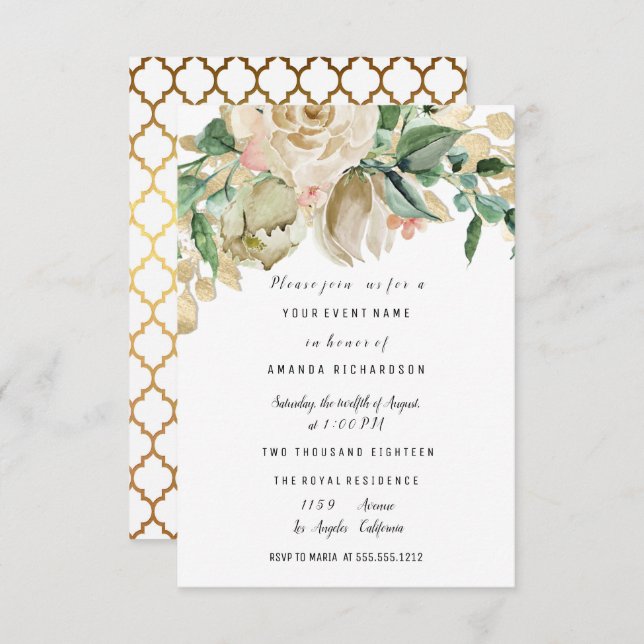 Invitation Fête de naissance de mariage Rose Peint Florale Si (Devant / Derrière)