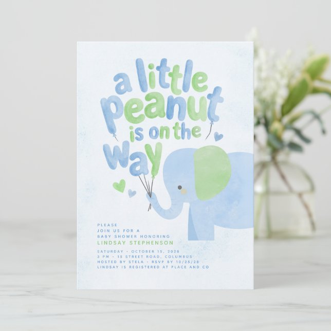 Invitation Fête de naissance de Petit Cacahuète Eléphant Vert (Debout devant)