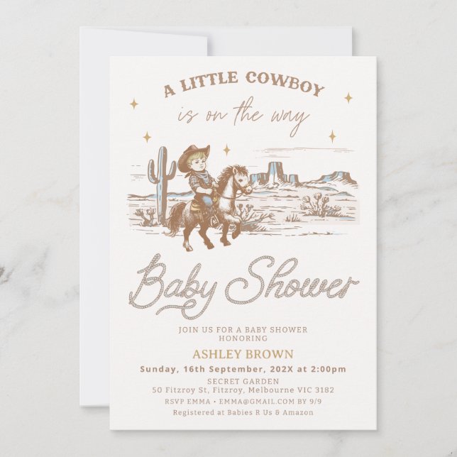 Invitation Fête de naissance de petit cowboy western Marron R (Devant)