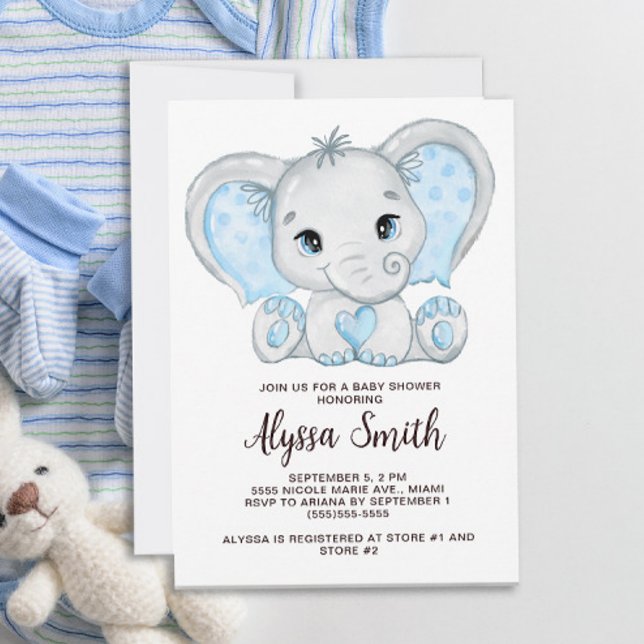 Invitation Fête de naissance de petit garçon éléphant bleu bé (Créateur téléchargé)