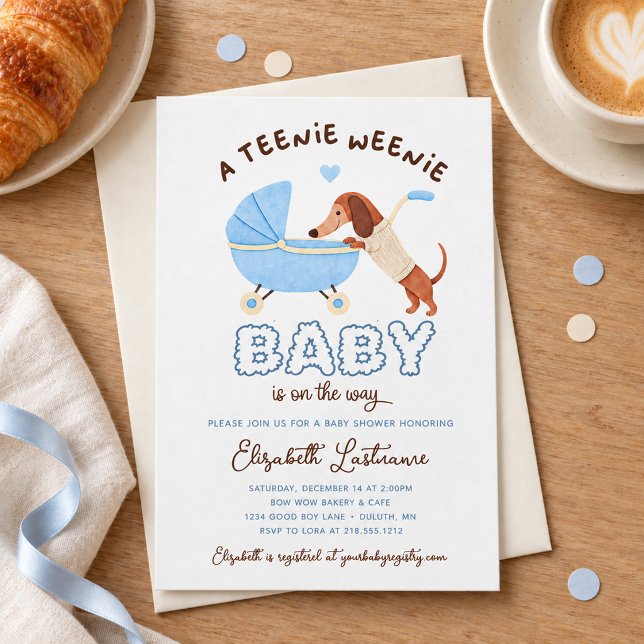 Invitation Fête de naissance de petit garçon teckel bleu (Blue Teenie Weenie Dachshund Boy Baby Shower Invitation)