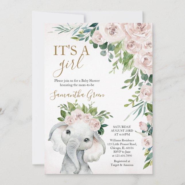 Invitation Fête de Naissance de Petite Fille à l'Éléphant (Devant)