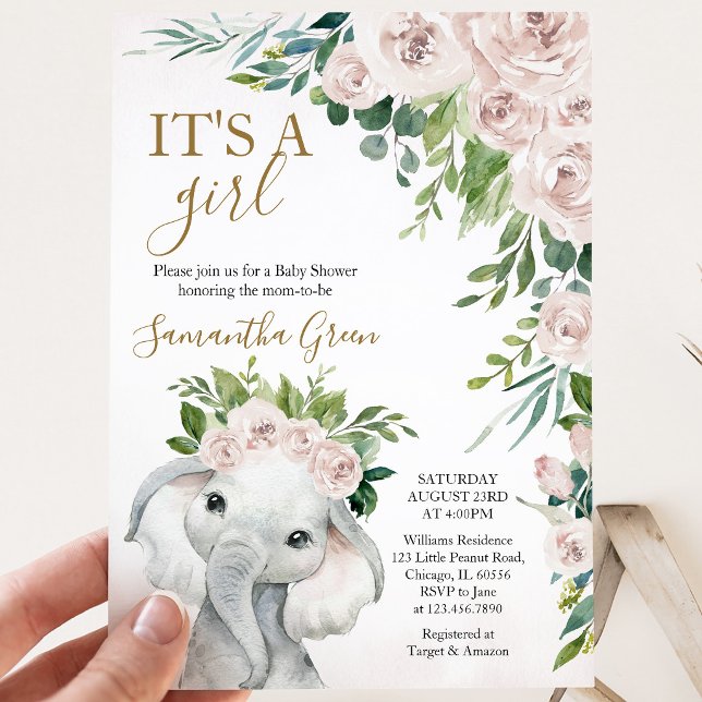 Invitation Fête de Naissance de Petite Fille à l'Éléphant (Créateur téléchargé)