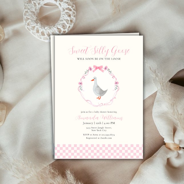Invitation Fête de naissance de petite fille au gingham rose  (Pink Gingham Woodland Silly Goose Girl Baby Shower Invitation)