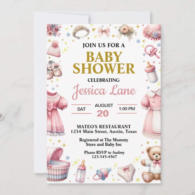 Invitation Fête de naissance de petite fille rose (Devant)