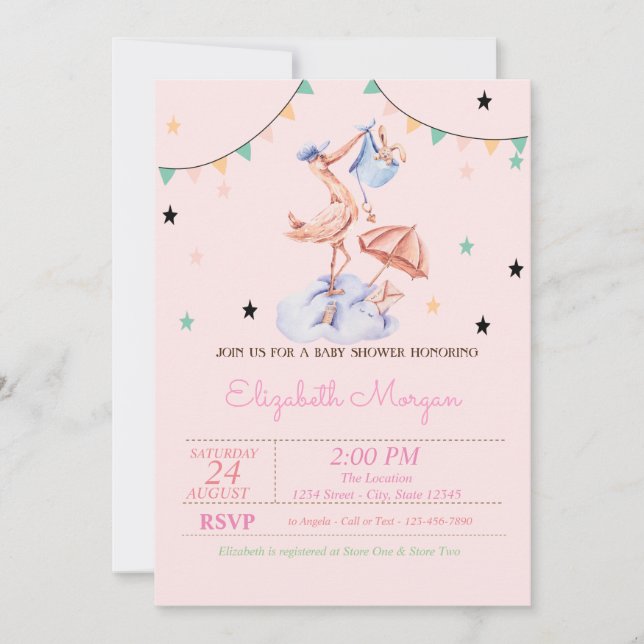 Invitation Fête de naissance de petite lapin mignonne cigogne (Devant)
