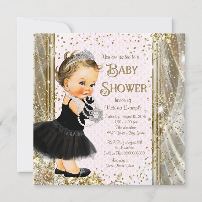Invitation Fête de naissance de petite princesse rose et or (Devant)
