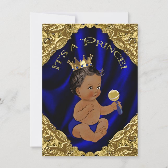 Invitation Fête de naissance de prince Afro-Américain Bleu Or (Devant)