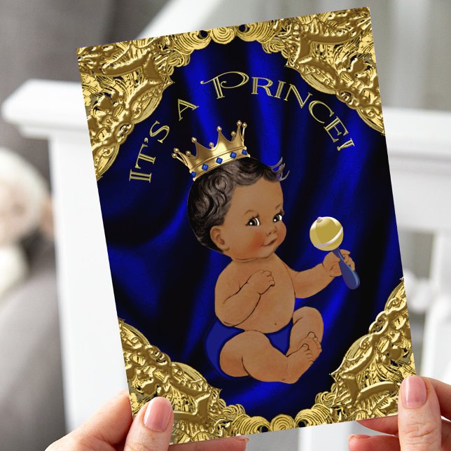 Invitation Fête de naissance de prince Afro-Américain Bleu Or (Créateur téléchargé)