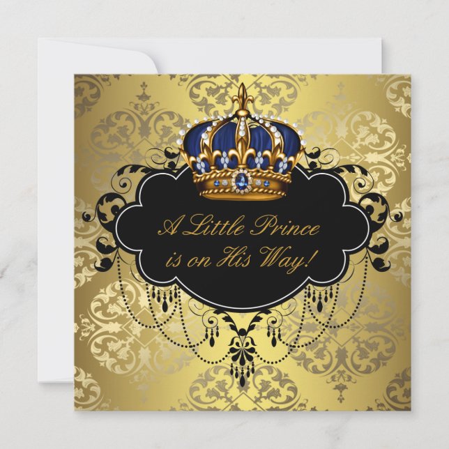 Invitation Fête de naissance de prince bleu marine noir or (Devant)