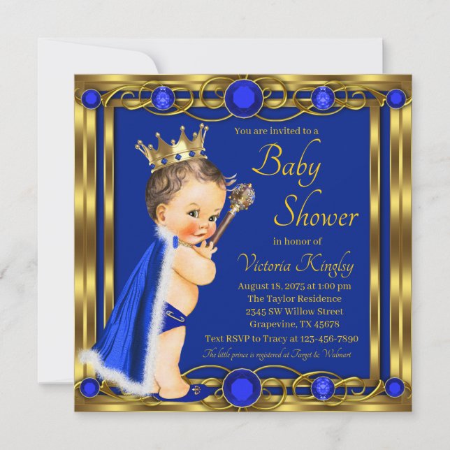 Invitation Fête de naissance de prince Bleu Or Joyau (Devant)