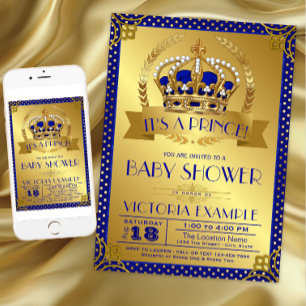 Invitation Fête de naissance de prince bleu roi et or élégant
