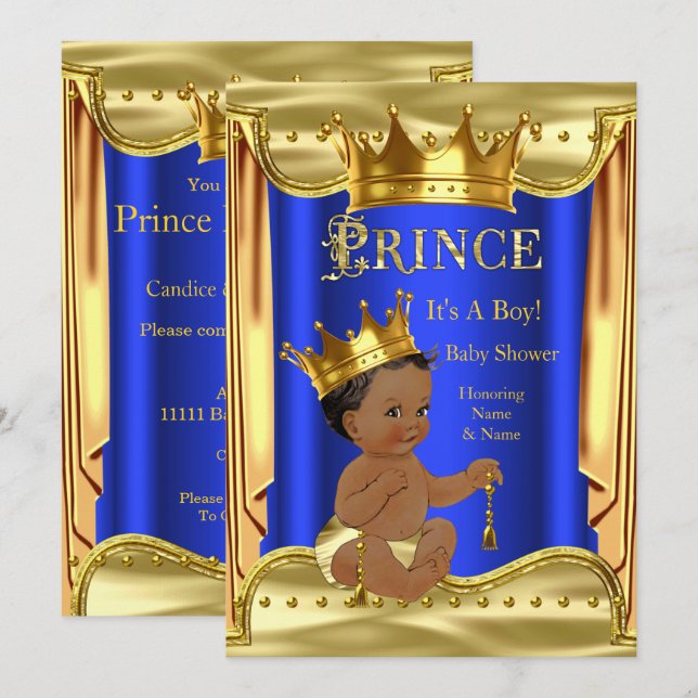 Invitation Fête de naissance de prince bleu royal Or Ethnique (Devant / Derrière)
