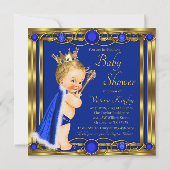 Invitation Fête de naissance de prince en bleu royal et or (Devant)