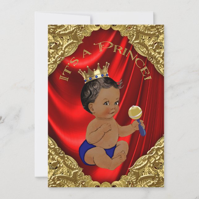 Invitation Fête de naissance de prince ethnique rouge bleu or (Devant)