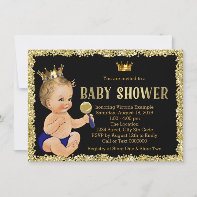 Invitation Fête de naissance de prince garçon paillettes or n (Devant)