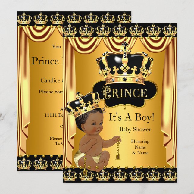 Invitation Fête de naissance de prince royal bébé noir or eth (Devant / Derrière)