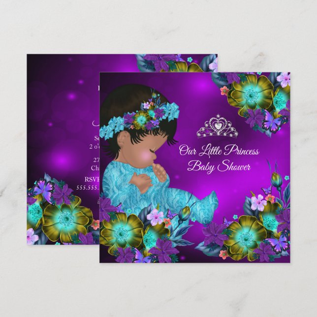 Invitation Fête de naissance de princesse bébé Bleu sarcelle  (Devant / Derrière)