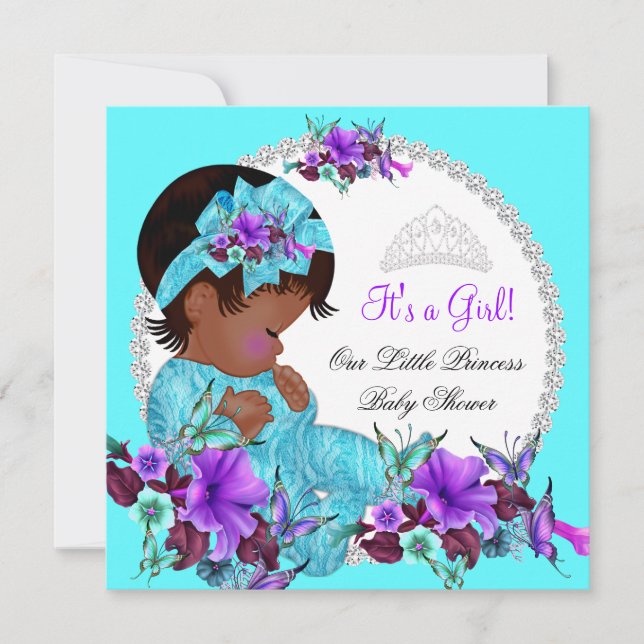 Invitation Fête de naissance de princesse bébé fille Bleu sar (Devant)