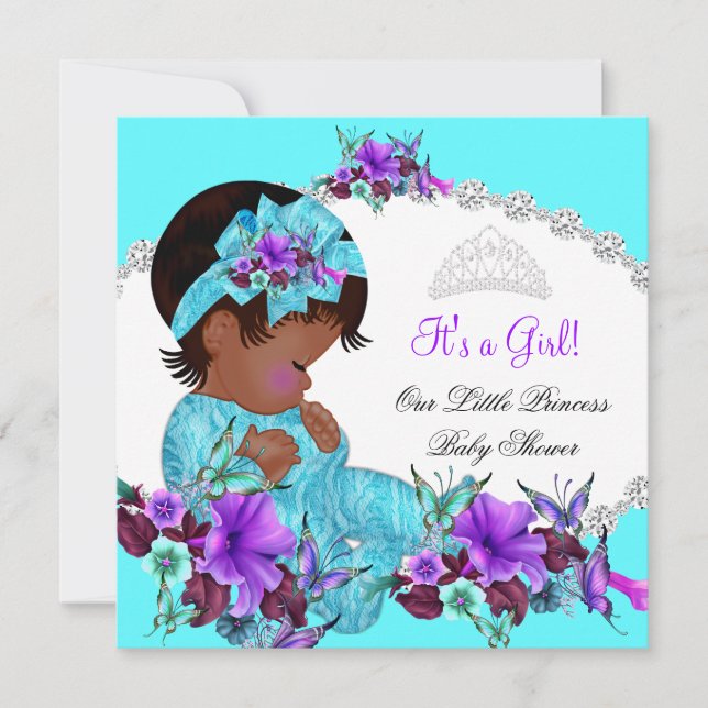 Invitation Fête de naissance de princesse bébé fille Bleu sar (Devant)