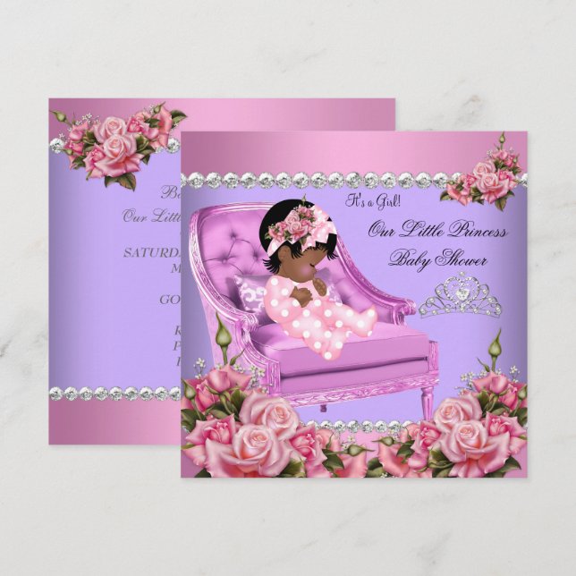 Invitation Fête de naissance de princesse bébé fille Roses ro (Devant / Derrière)