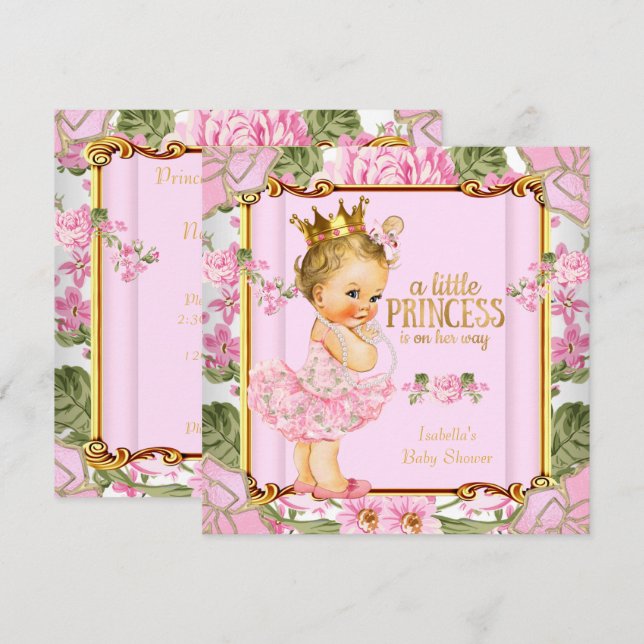 Invitation Fête de naissance de princesse bébé Rose rose blon (Devant / Derrière)