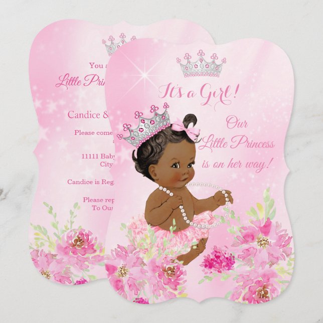 Invitation Fête de naissance de princesse bébé Rose tutu flor (Devant / Derrière)