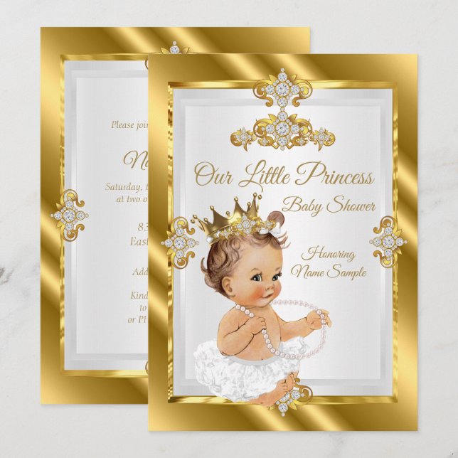 Invitation Fête de naissance de princesse Blanc Or Bébé Fille (Devant / Derrière)