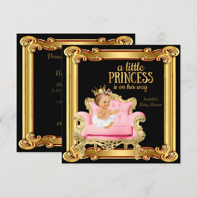Invitation Fête de naissance de princesse Chaise Noir Rose Or (Devant / Derrière)