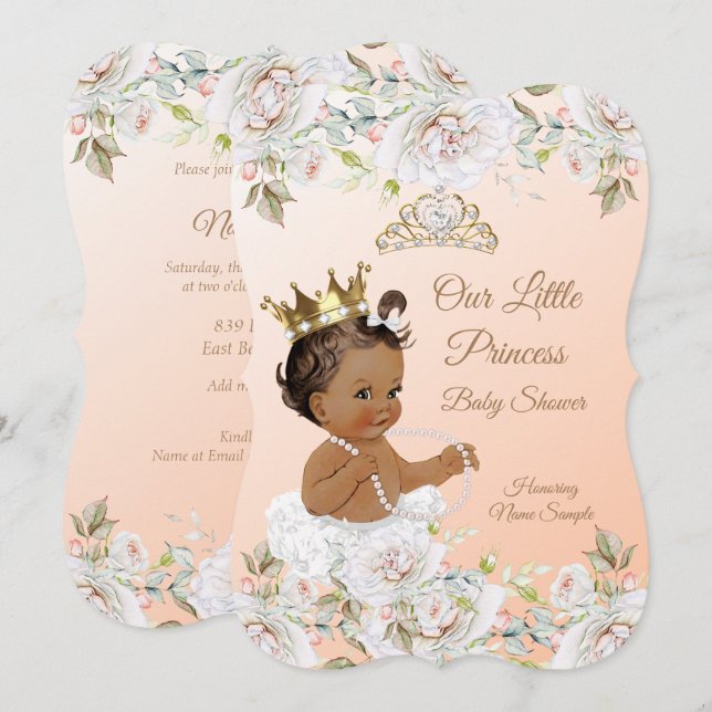 Invitation Fête de naissance de princesse Corail pêche blanc  (Devant / Derrière)