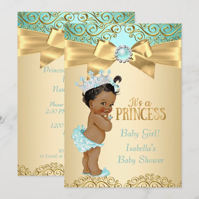 Invitation Fête de naissance de princesse Damassé sarcelle or (Devant / Derrière)