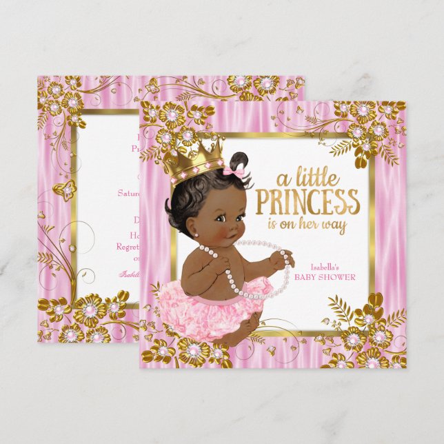 Invitation Fête de naissance de princesse Fleurs en soie rose (Devant / Derrière)