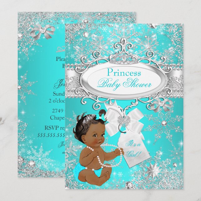 Invitation Fête de naissance de princesse Flocons de neige Aq (Devant / Derrière)